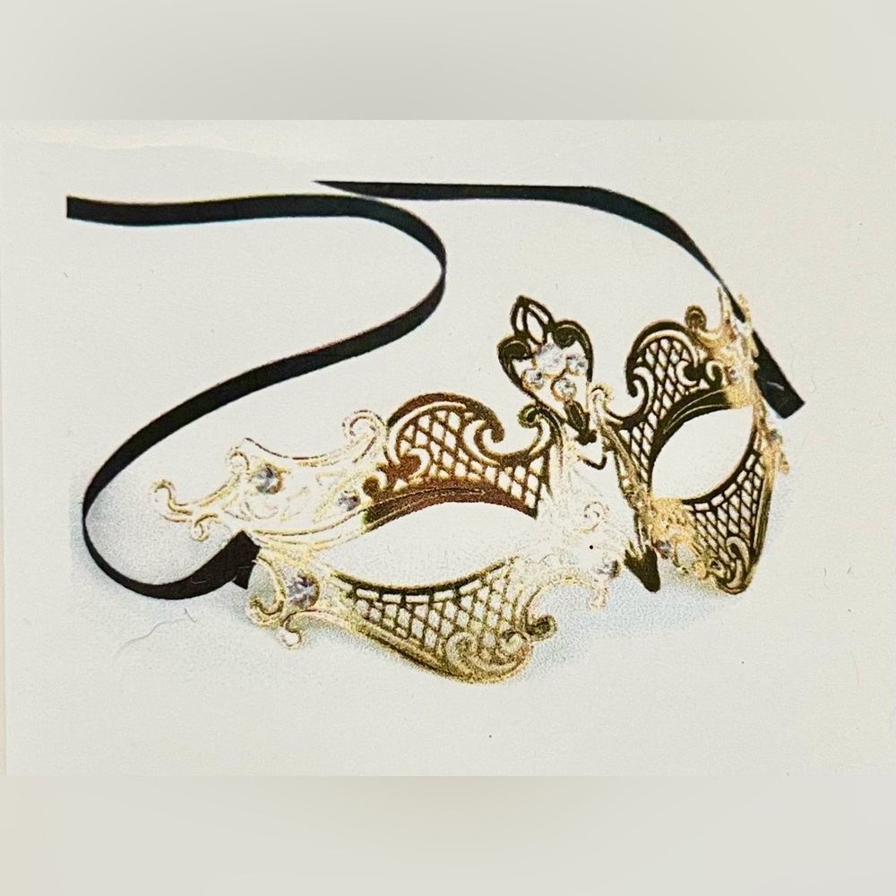 Awish Come True A20 Filigree Metal Mask Satin Ribbon Tie Clear Stones OSFA